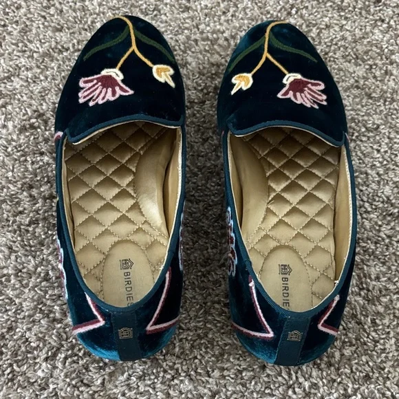 Sale!!! Birdies Women’s Azure Velvet Loafers with Floral Embroidery Size 9 - Picture 3 of 10